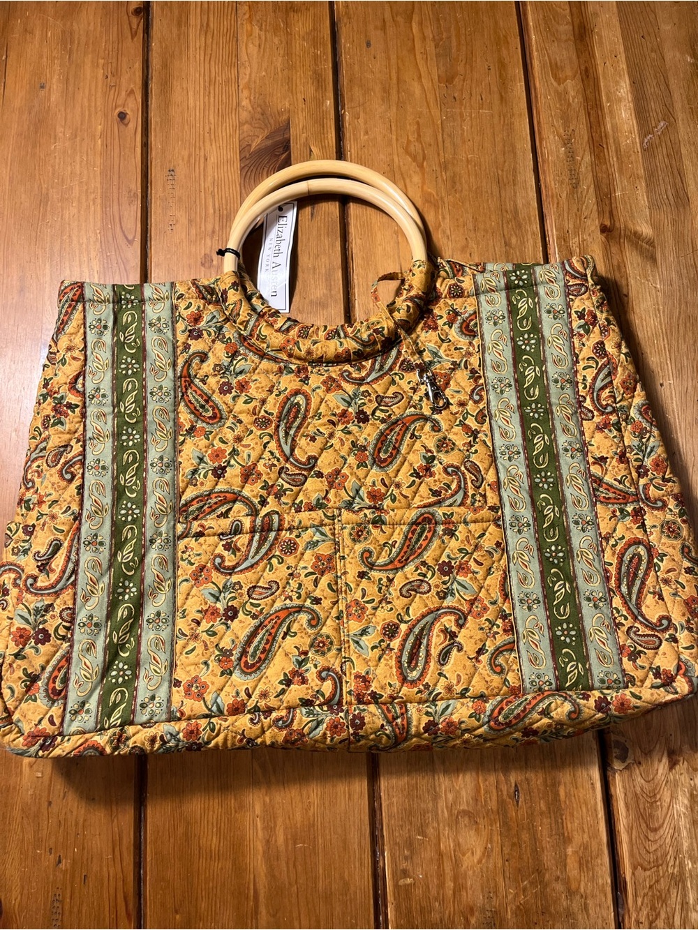 Quilted Paisley Tote with Bamboo Handles - Yellow & Green